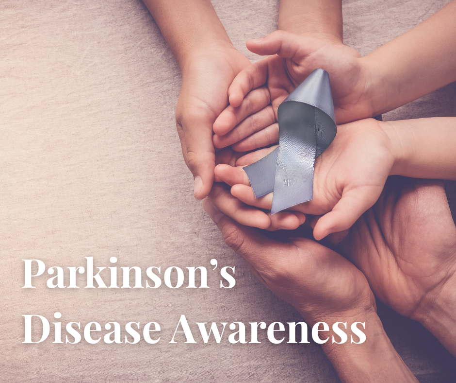 Parkinson's Awareness Month, hands holding a silver ribbon